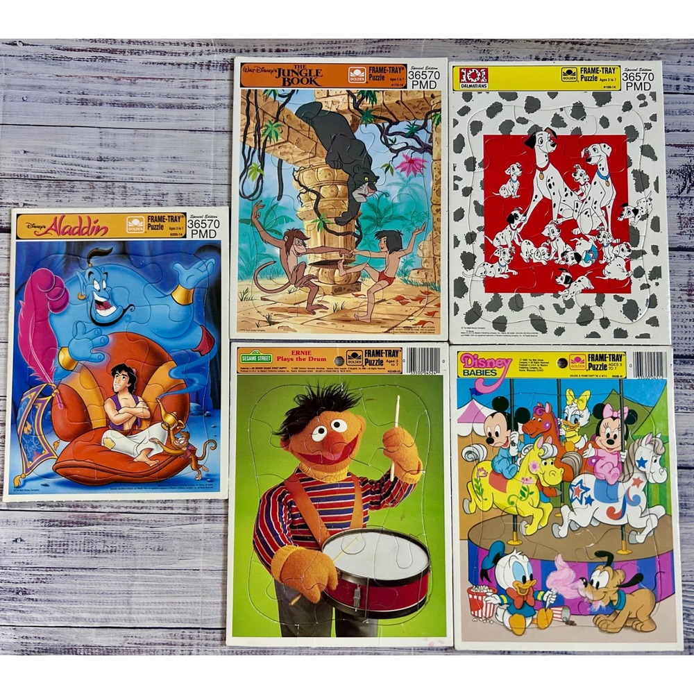 VTG Golden Frame-Tray Puzzle Set Disney Sesame Street Aladdin Jungle Book 5 Pack